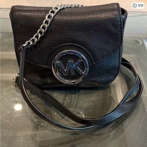 Michael Kors Black Pebbled Leather Crossbody with Silver MK Medallion